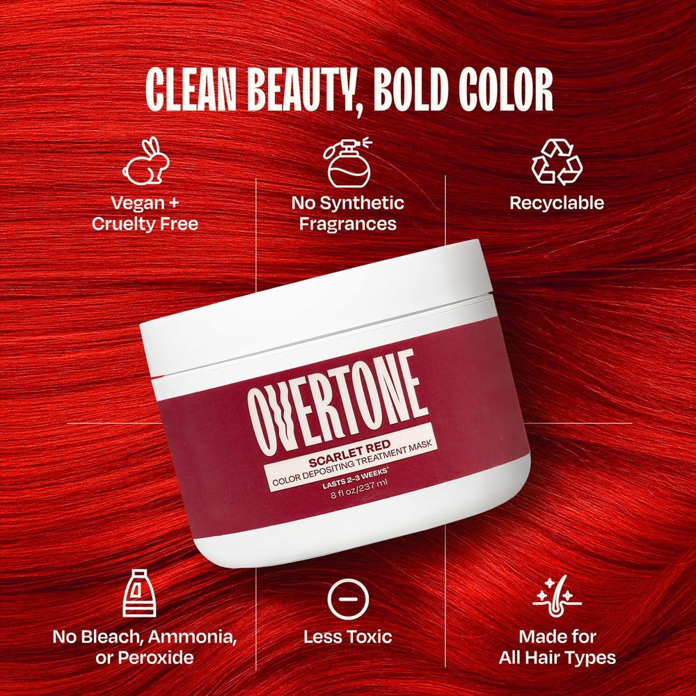 oVertone Scarlet Red rinse-off close-up highlights wash-off color transfer with warm water.