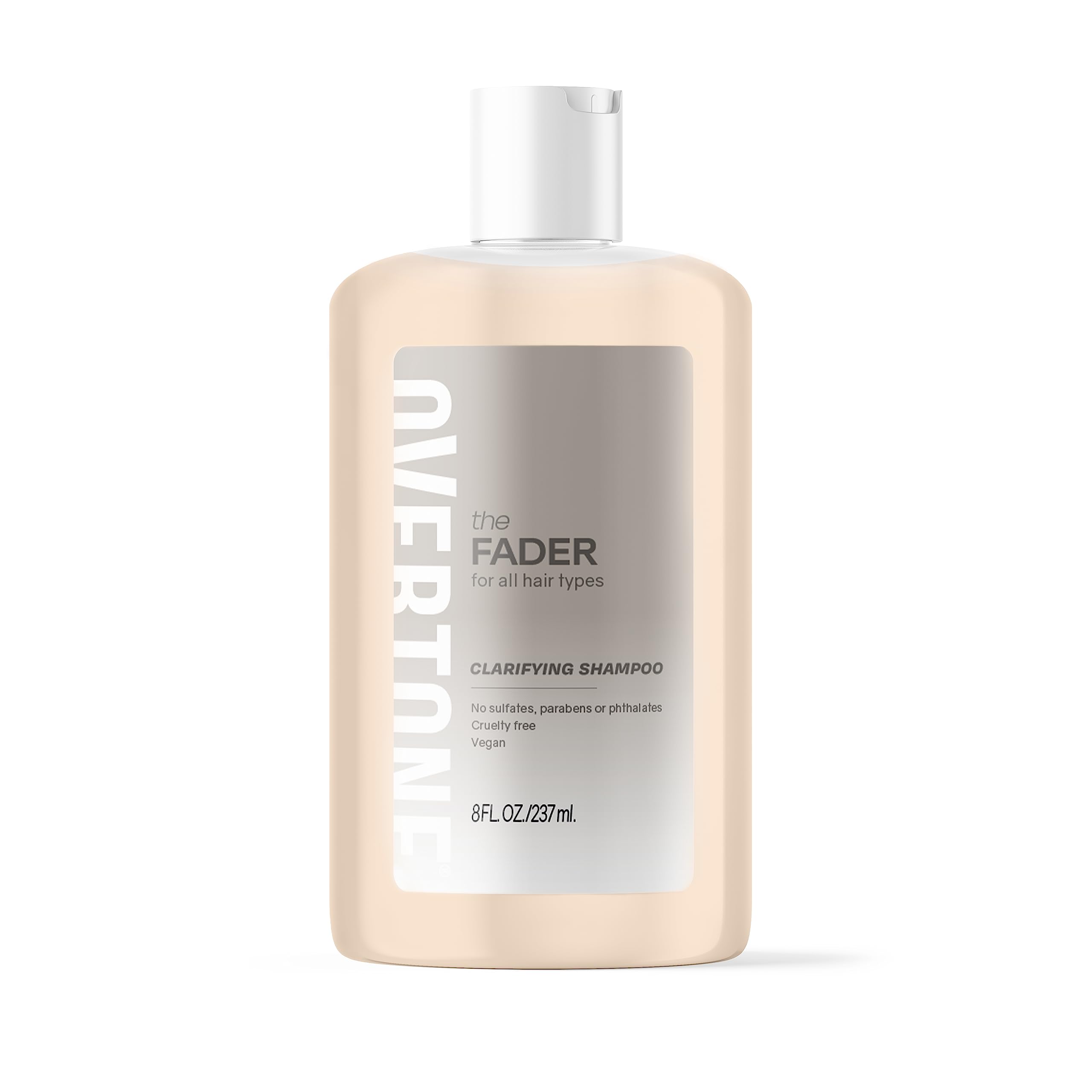oVertone The Fader Clarifying Shampoo bottle closeup highlights vegan color fading and hydration.