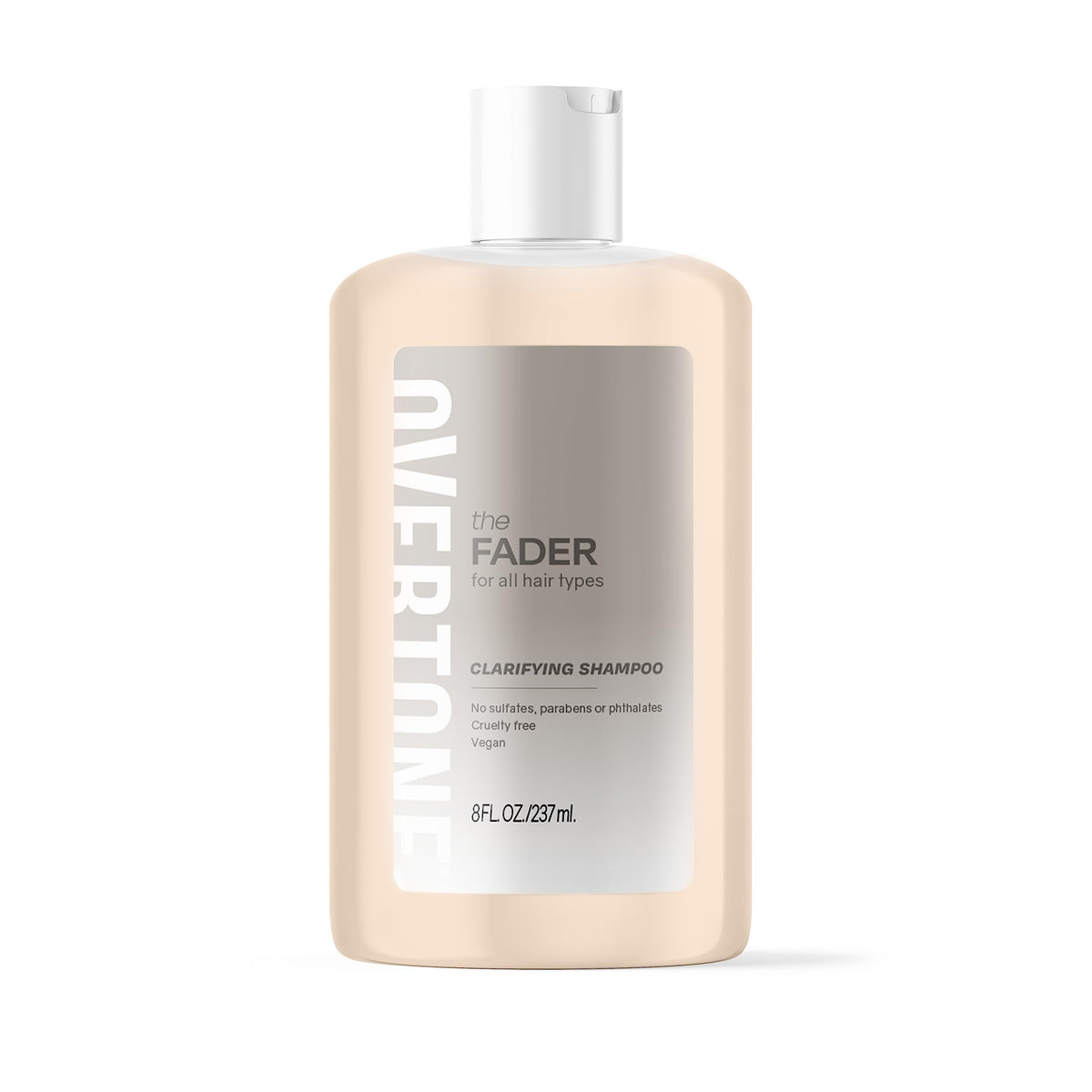 oVertone The Fader Clarifying Shampoo bottle closeup highlights vegan color fading and hydration.