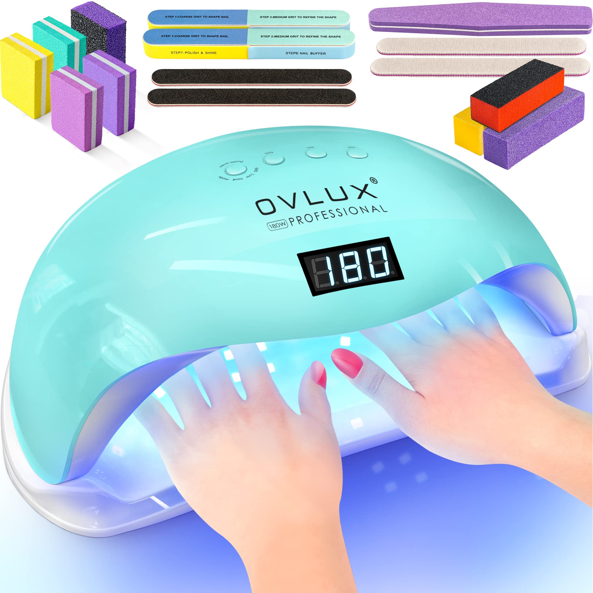 OVLux 180W nail lamp front view for fast, even gel curing at home.