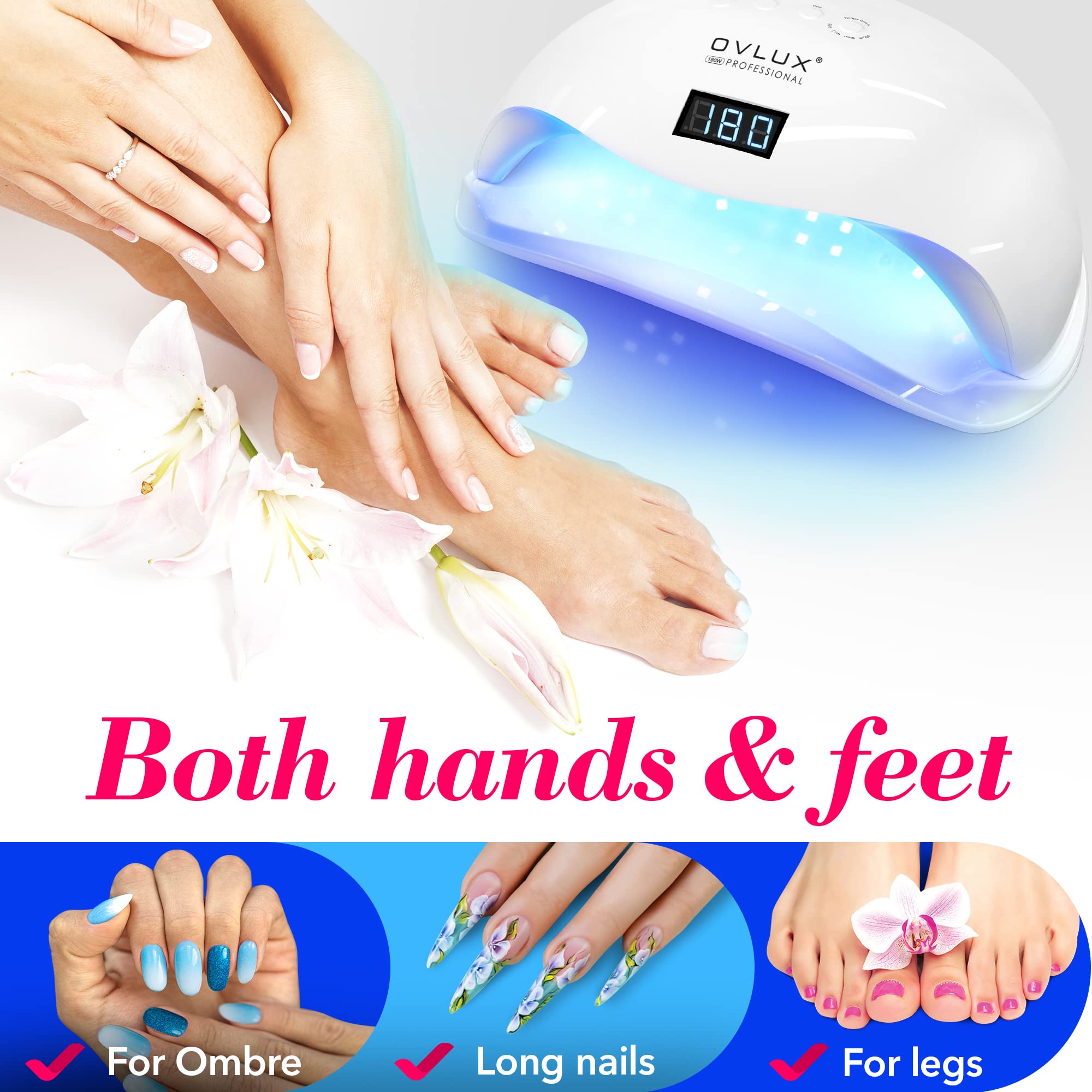 OVLux 180W UV LED nail lamp, includes certified 24V adapter.