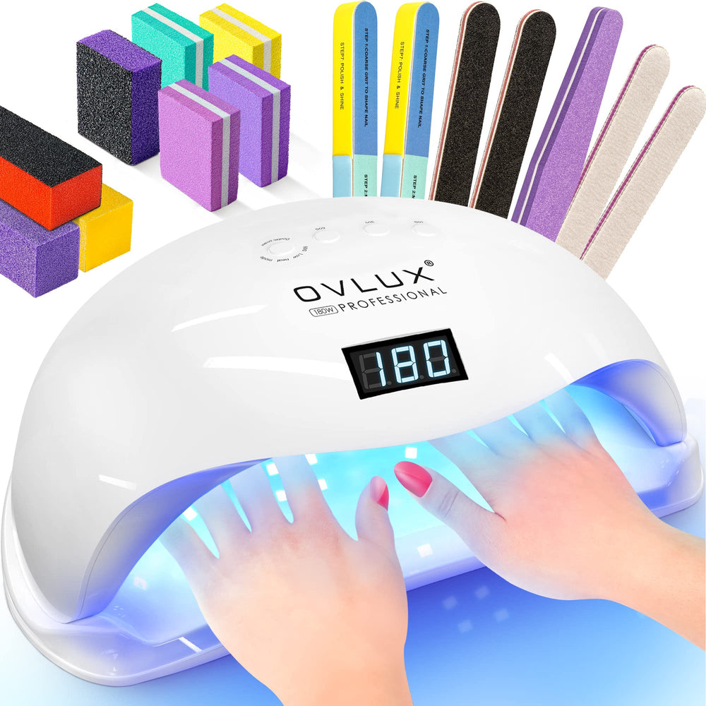 OVLux 180W UV LED nail lamp, front view, fast gel curing at home.