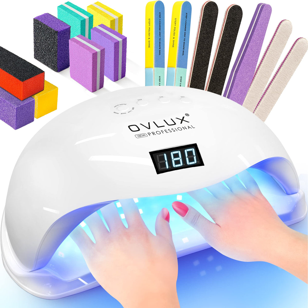 OVLux 180W UV LED nail lamp, front view, fast gel curing at home.