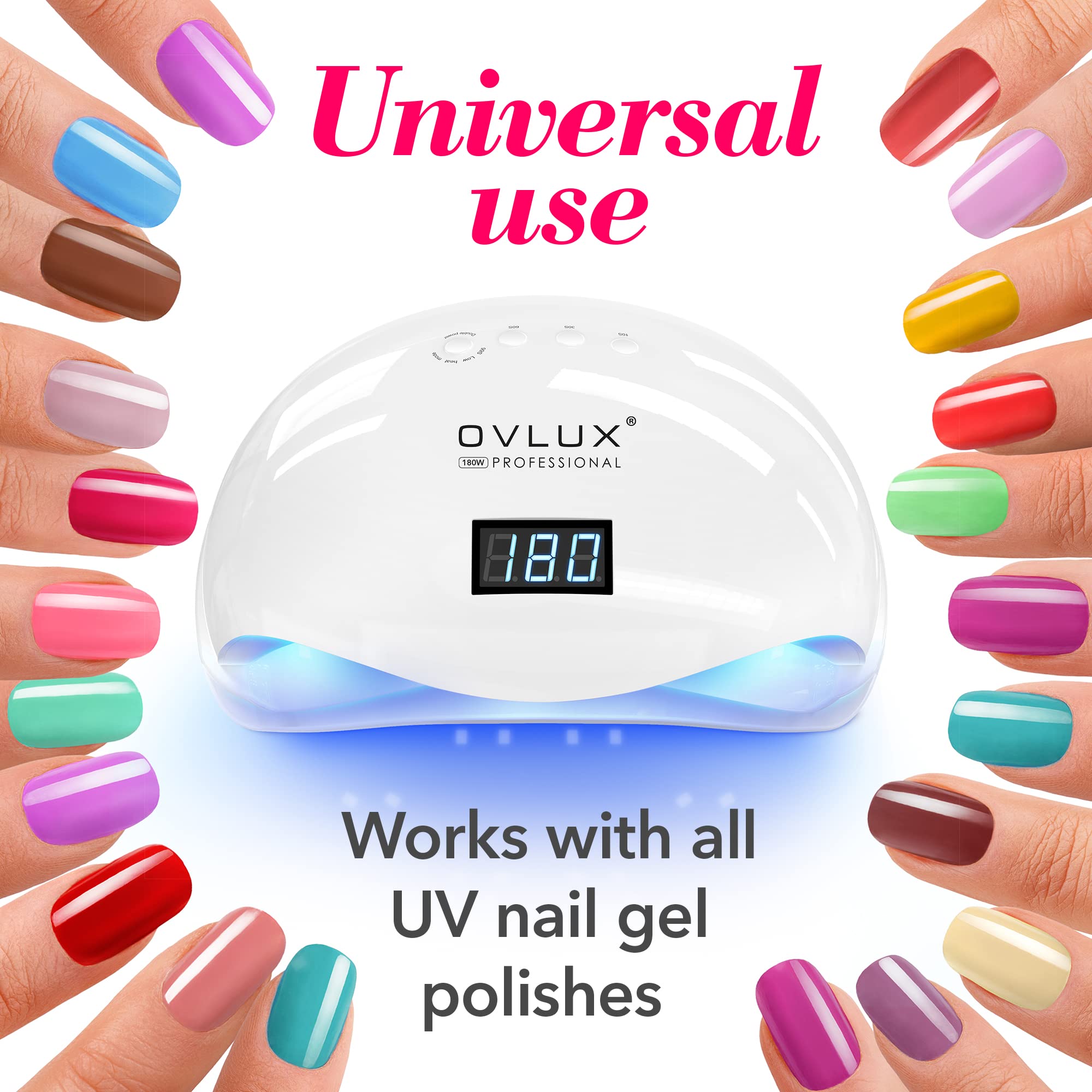 OVLux 180W UV LED nail lamp, side view, compact silhouette for storage.