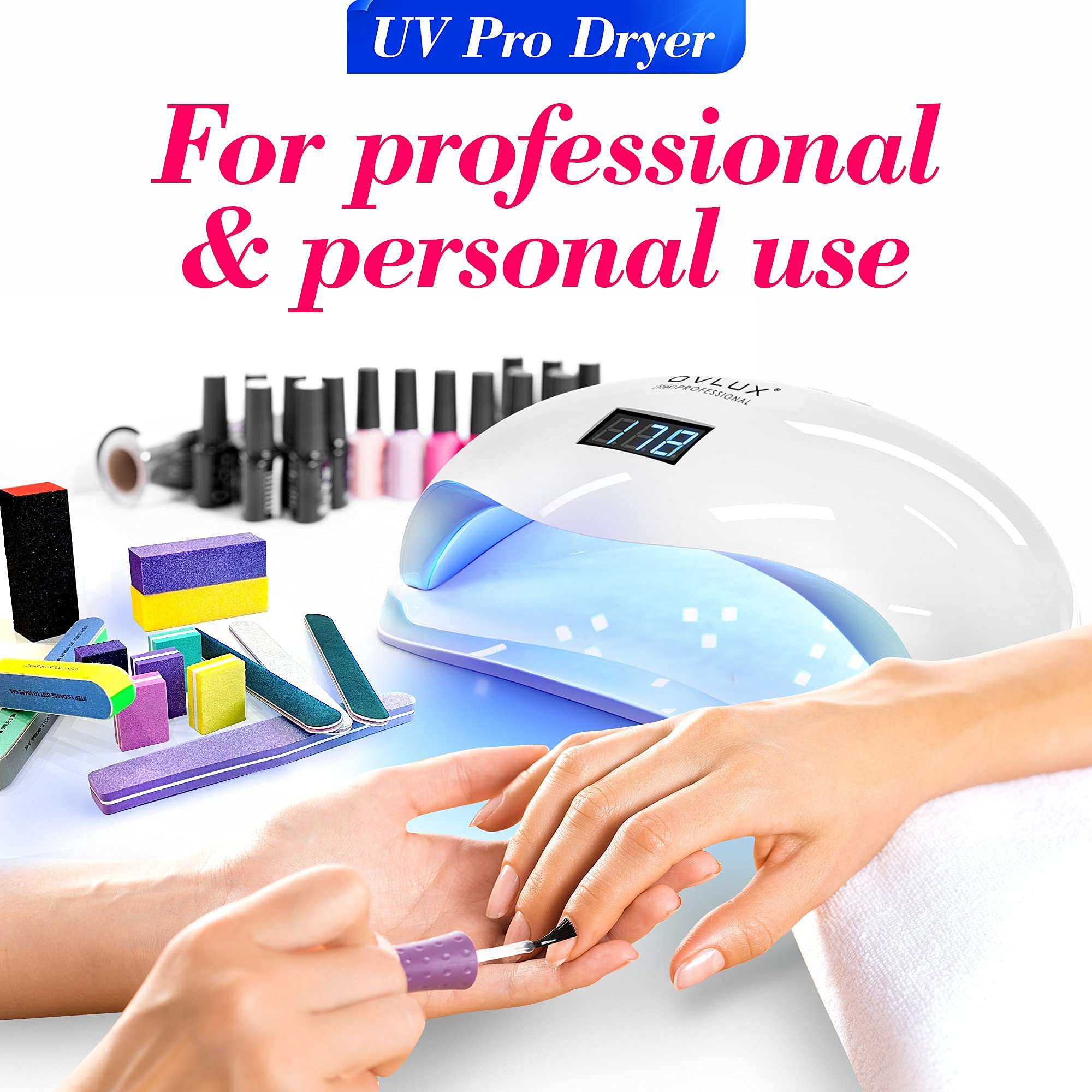 OVLux 180W UV LED nail lamp, wide opening for hands and feet.