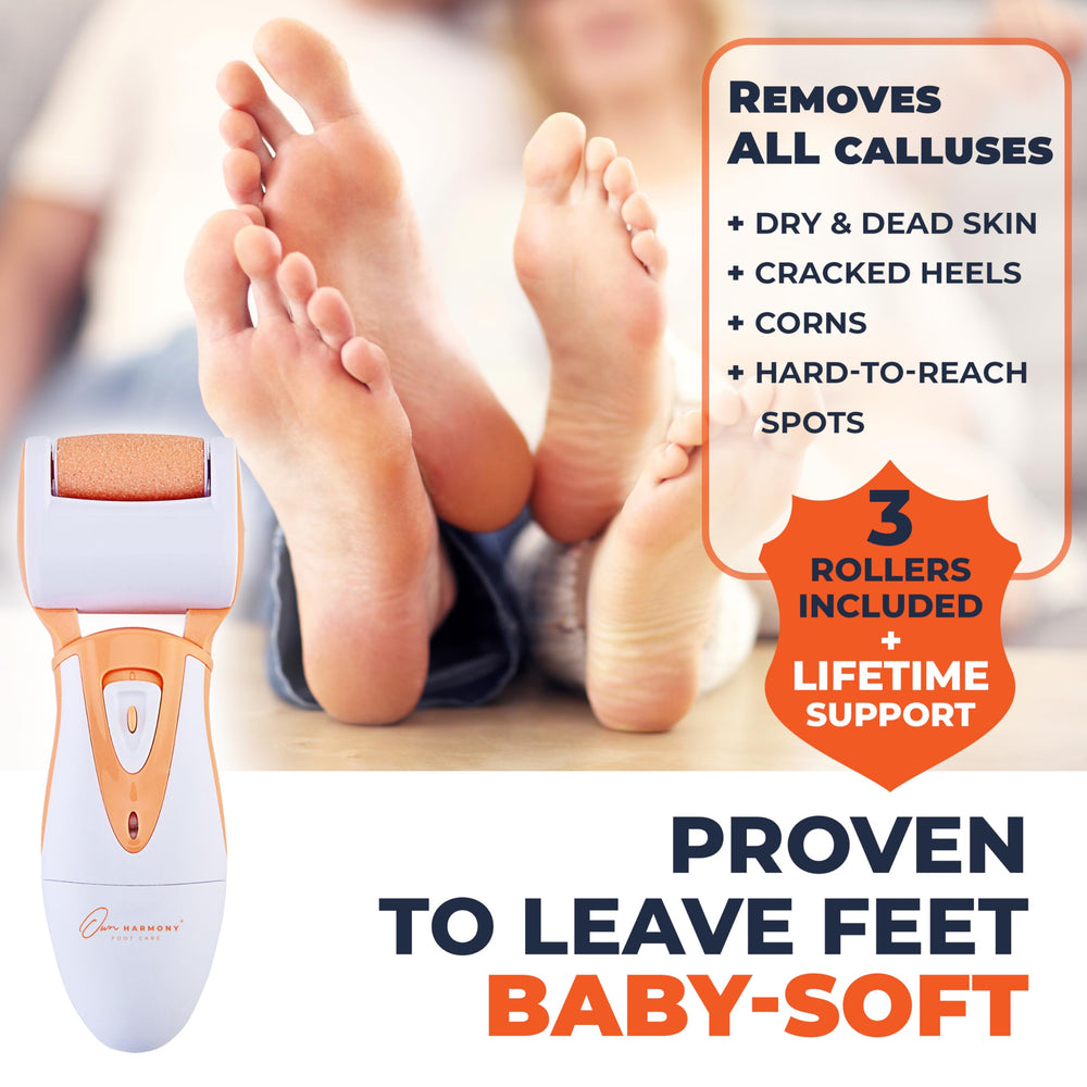 Own Harmony callus remover in use on heels for smoothing dry skin.