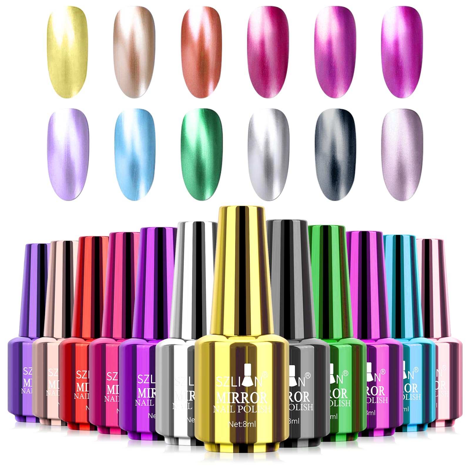 Ownest mirror nail polish 12-colors bottle closeup showcases metallic shine for dazzling nails.
