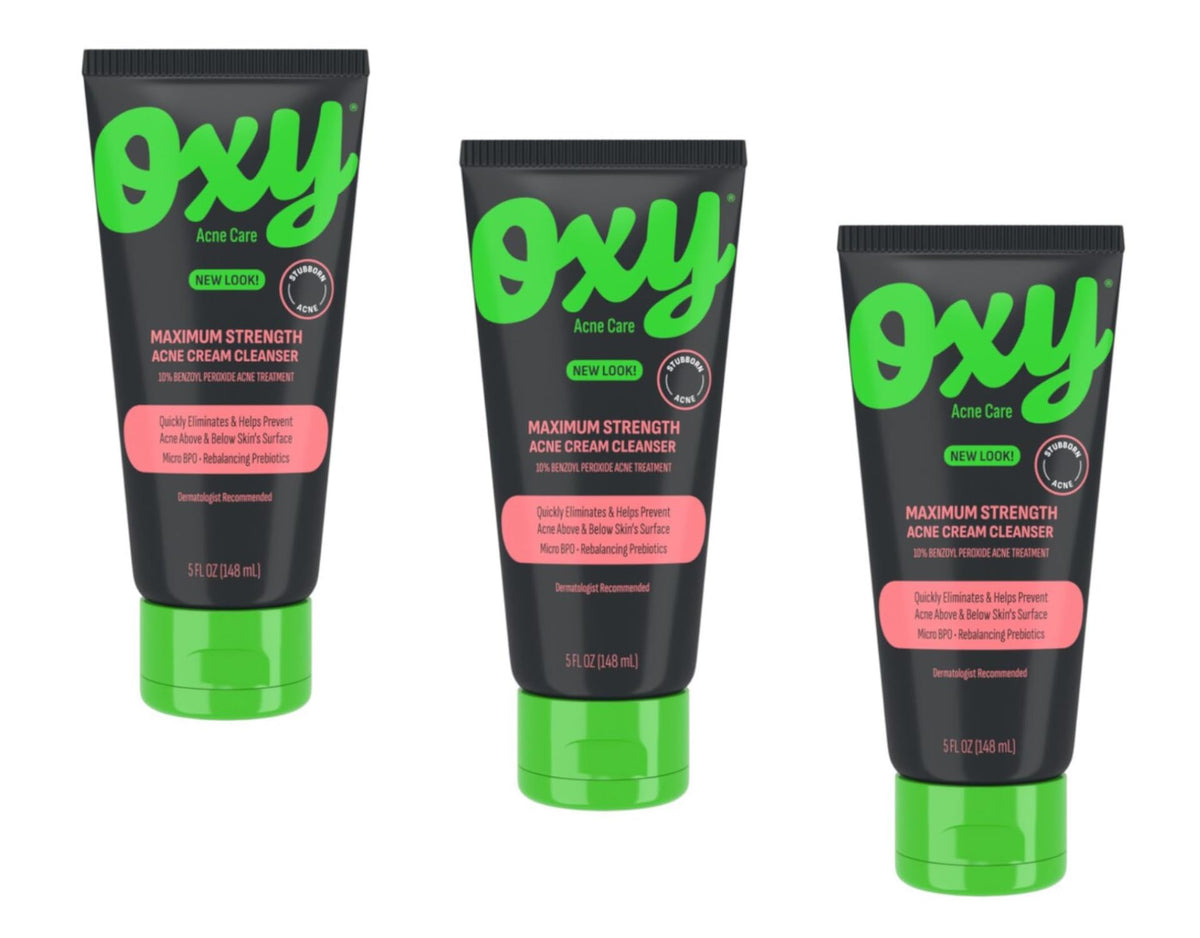 Oxy Acne Cleanser bottle front shows 10% benzoyl peroxide for clear skin support