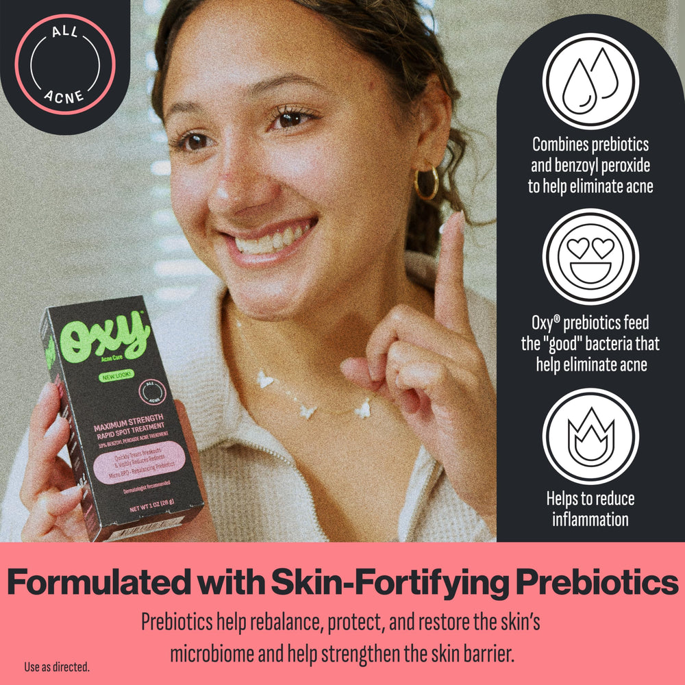 Oxy being applied to cheek demonstrating targeted pimple treatment benefit