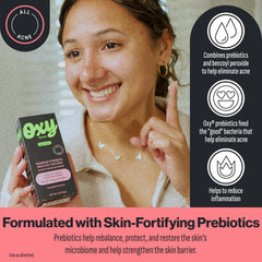 Oxy being applied to cheek demonstrating targeted pimple treatment benefit