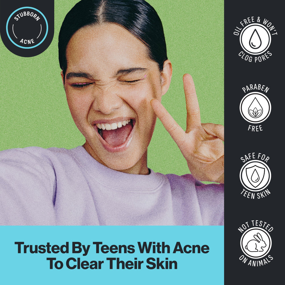 Oxy cleansing pad used on face, chest, and back for widespread acne care.