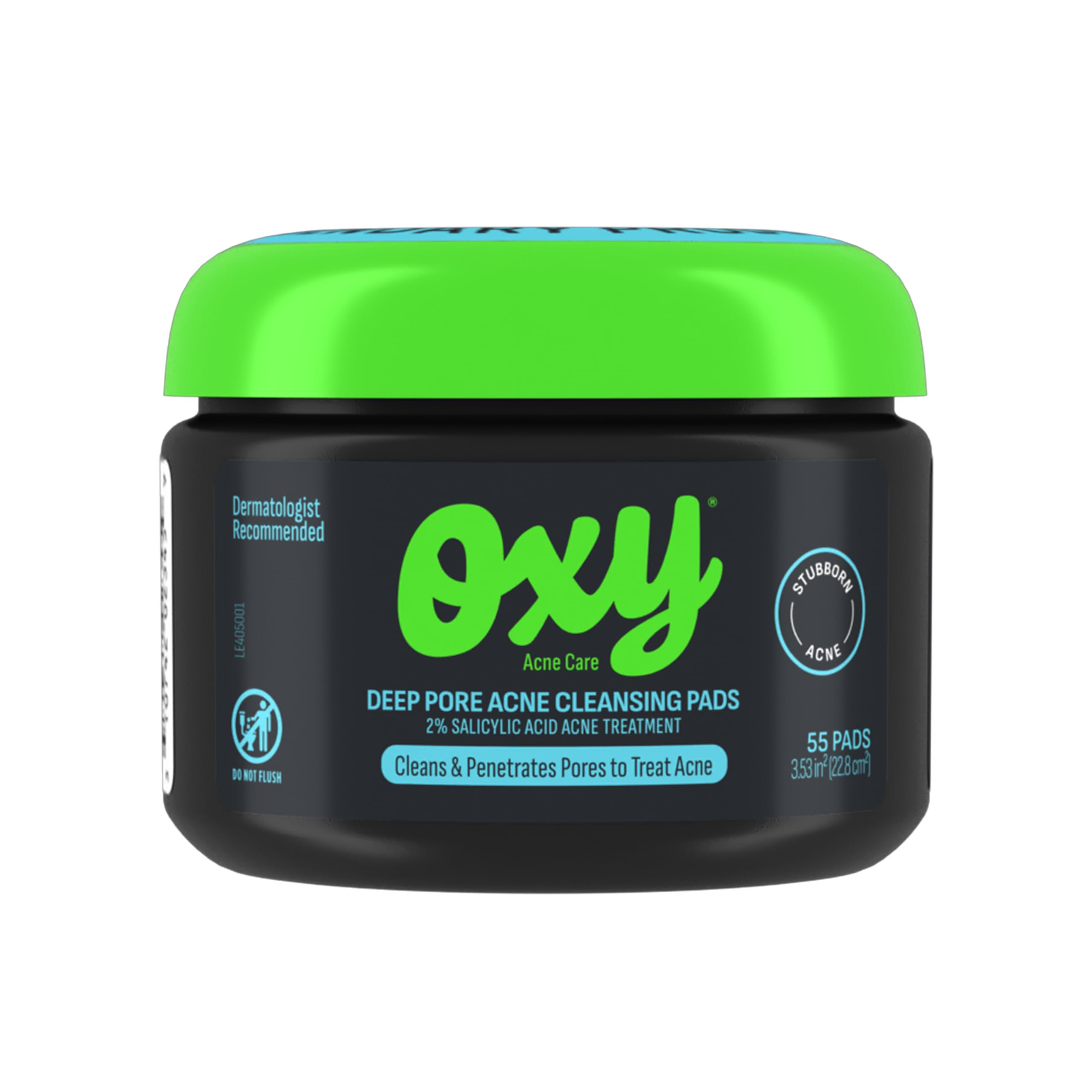 Oxy front packaging tub showing 55 pads and strength for clear skin