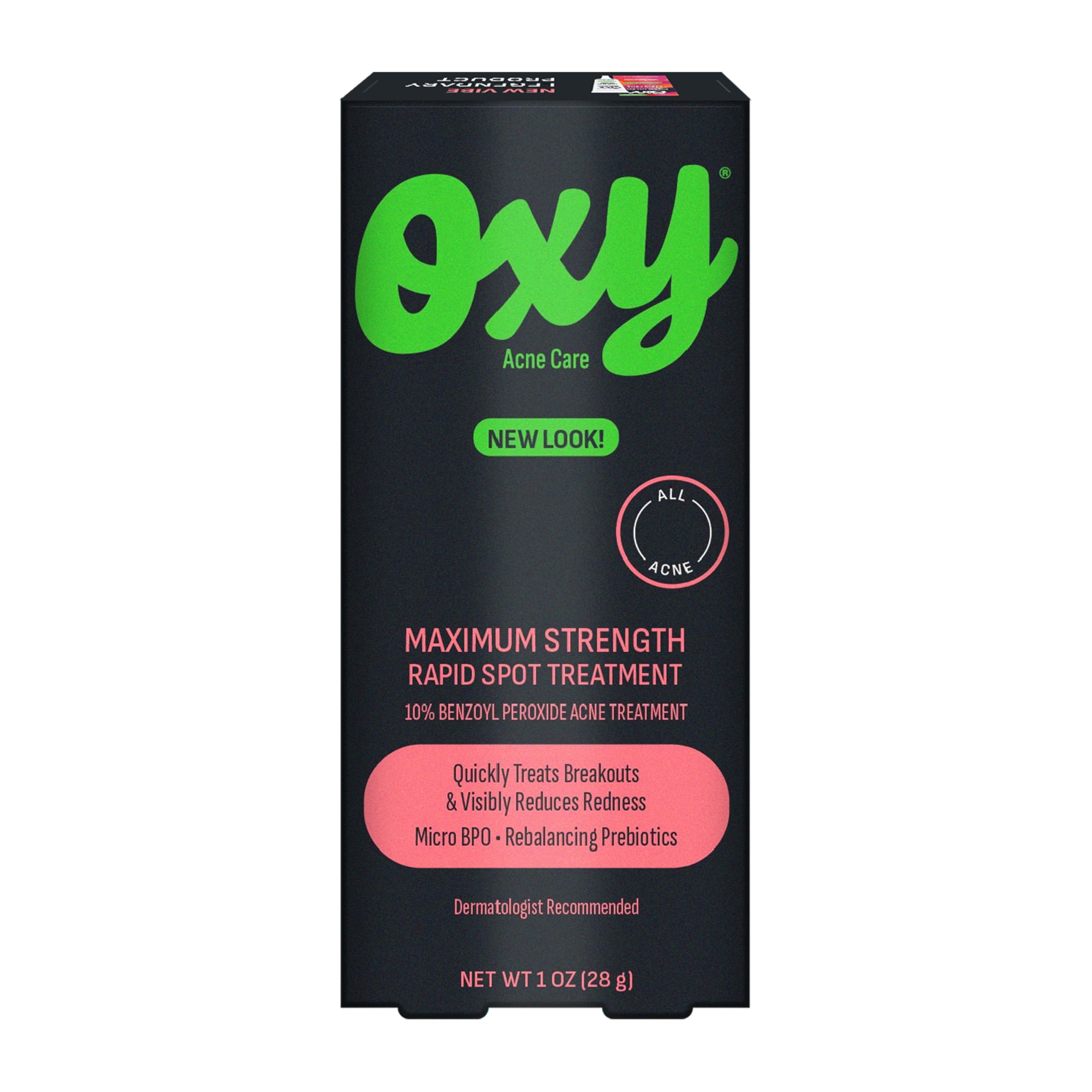 Oxy front packaging 1 oz showing compact blemish treatment and portability