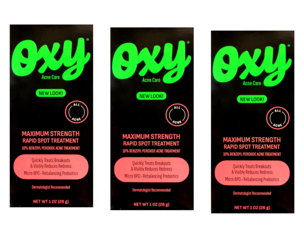 Oxy front packaging 1oz showing tube and branding, quick access for blemishes