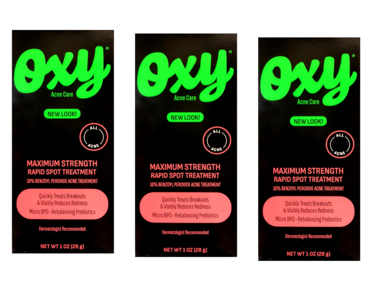 Oxy front packaging 1oz showing tube and branding, quick access for blemishes