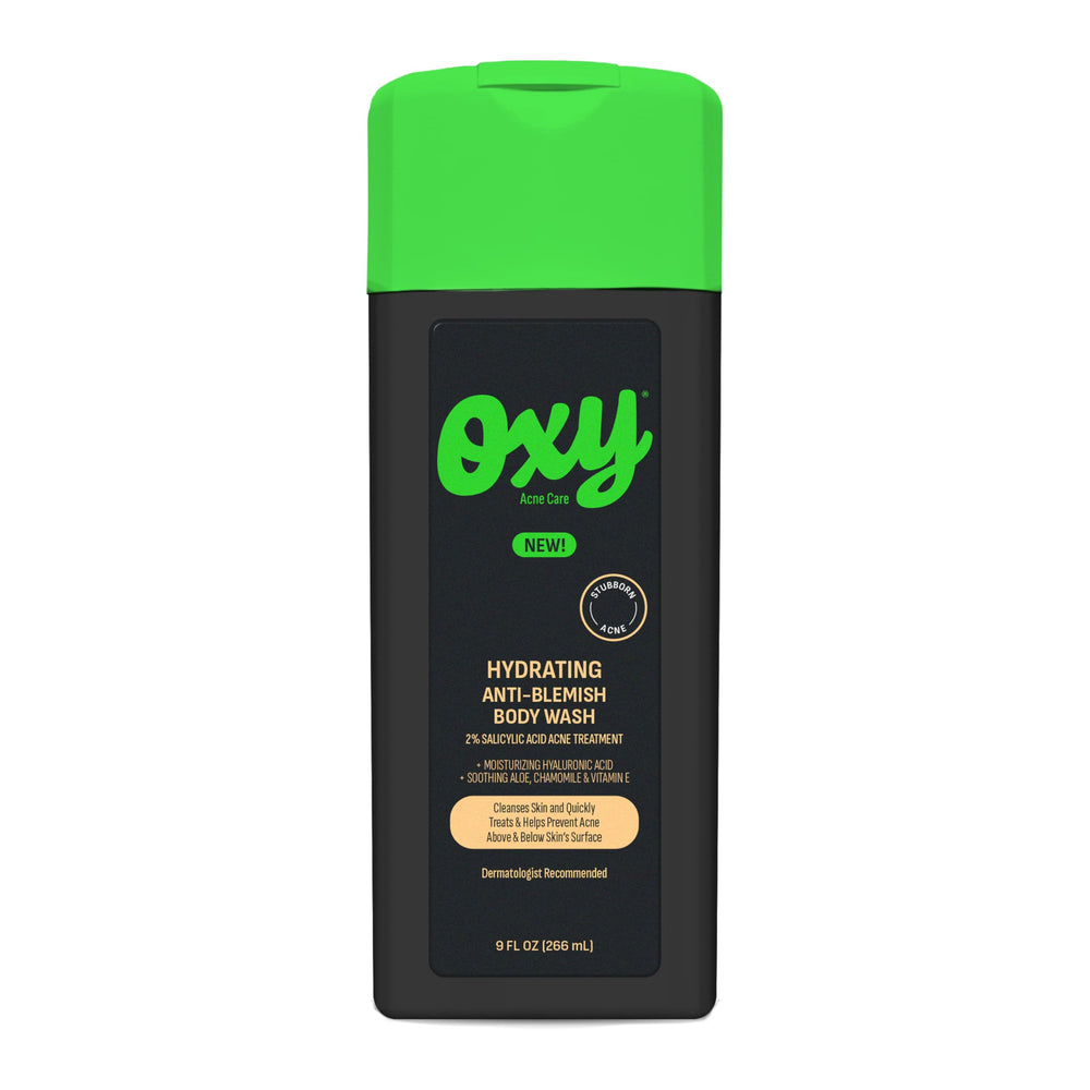 Oxy front packaging 9 fl oz showing product benefits and use