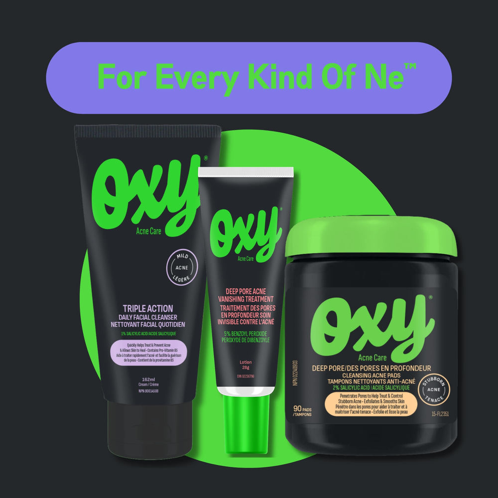 Oxy on bathroom counter next to skincare items illustrating daily use