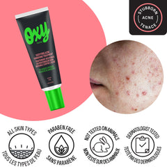Oxy lotion texture drop on fingertip showing lightweight, precise application