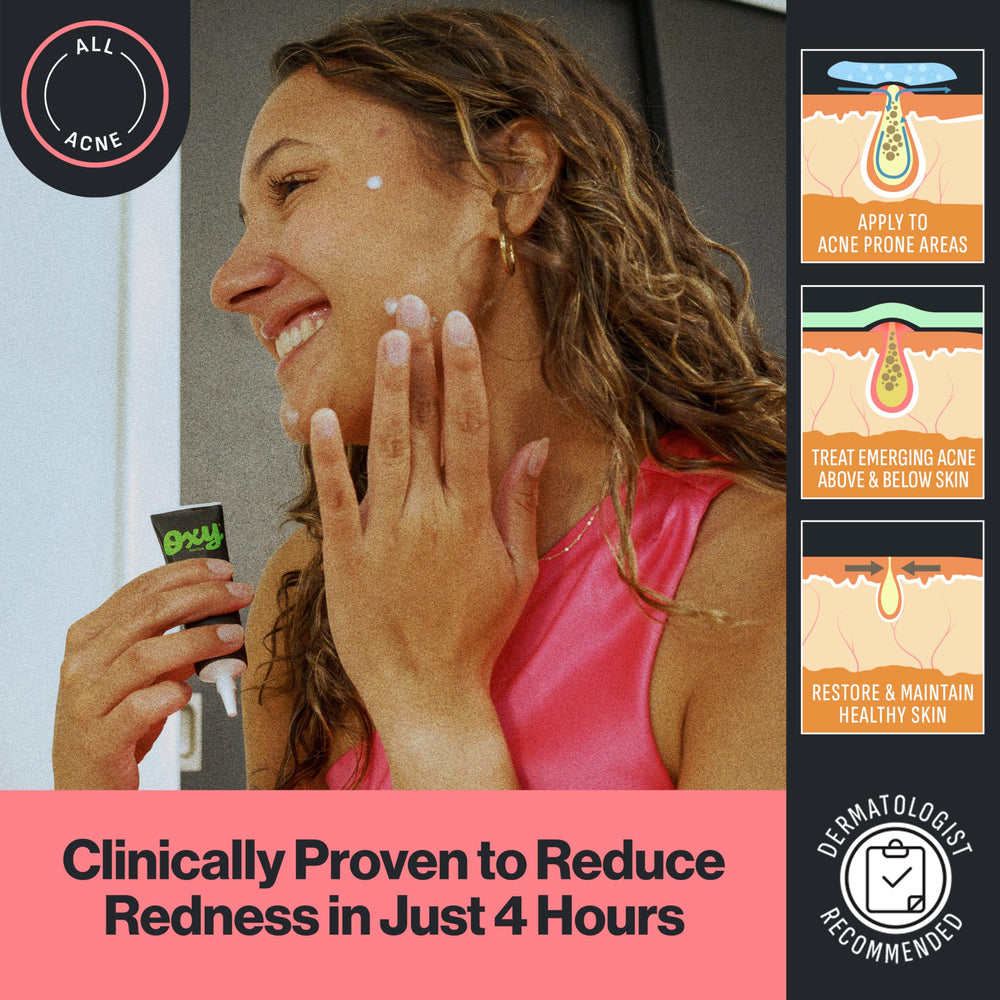 Oxy next to keys showing pocket-ready size for on-the-go acne care