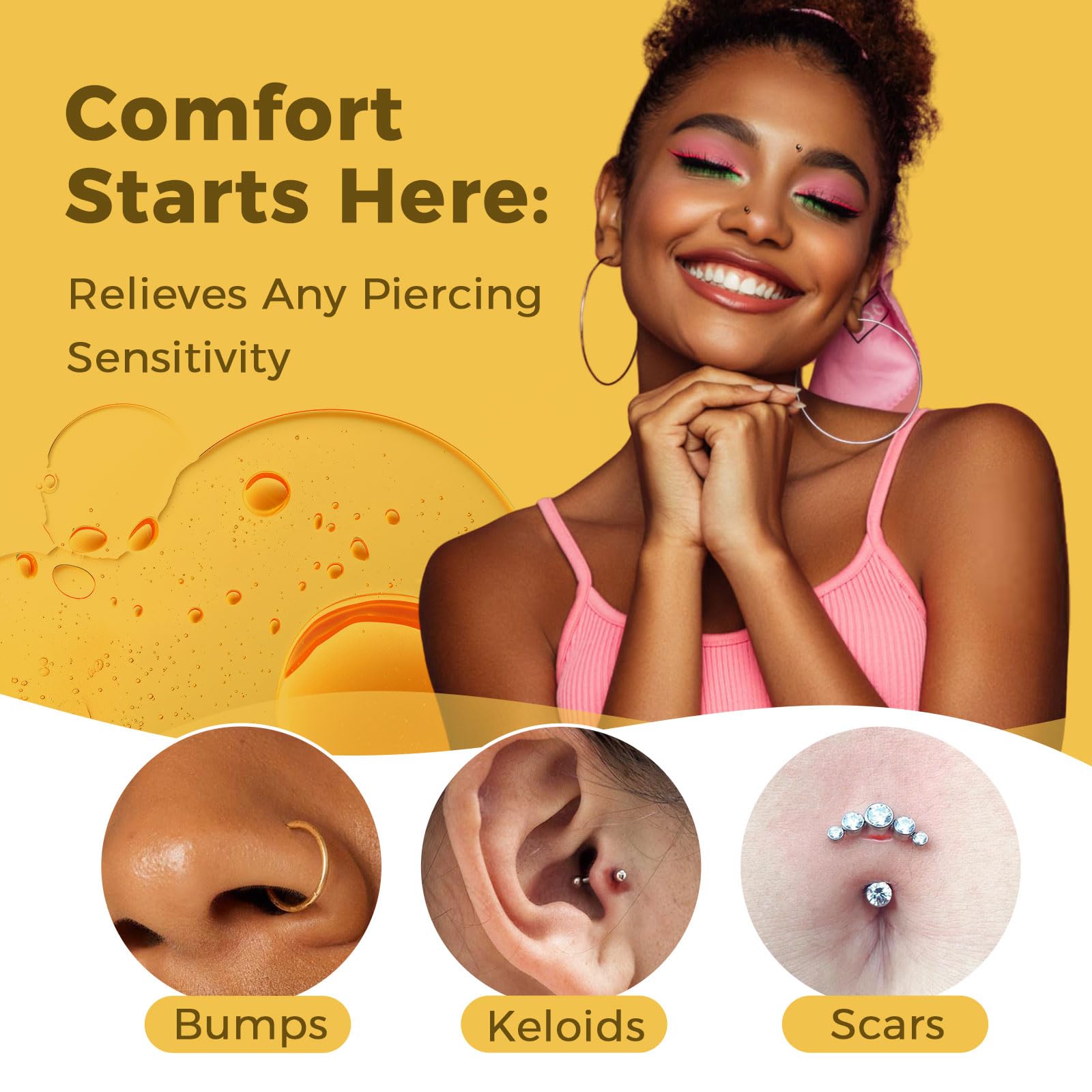 Oil drop on skin from Oycevila bottle suggests soothing nourishment for keloid bumps.