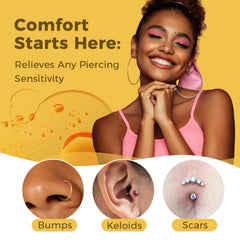 Oil drop on skin from Oycevila bottle suggests soothing nourishment for keloid bumps.