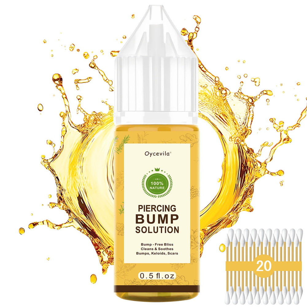 Oycevila piercing bump oil bottle highlights natural formula for gentle aftercare.