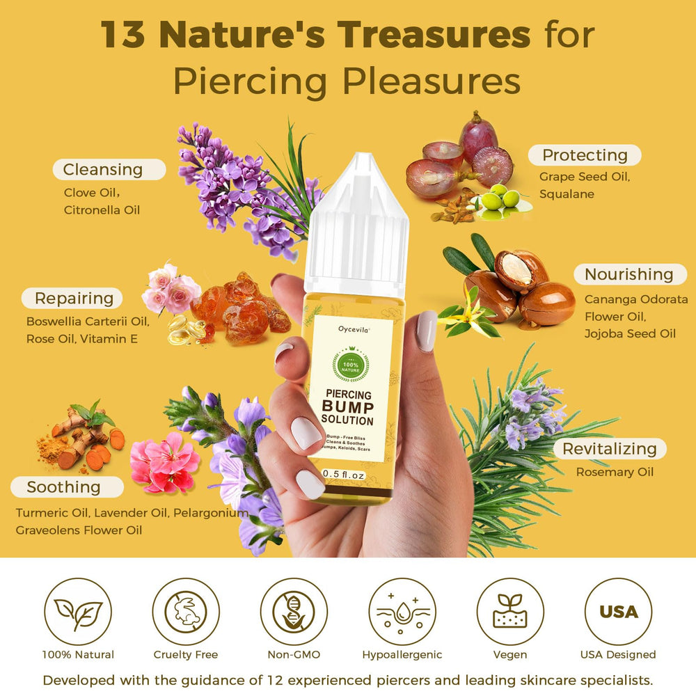 Oycevila piercing bump oil label showcases plant-based ingredients for calmer skin.