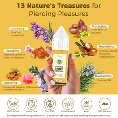 Oycevila piercing bump oil label showcases plant-based ingredients for calmer skin.