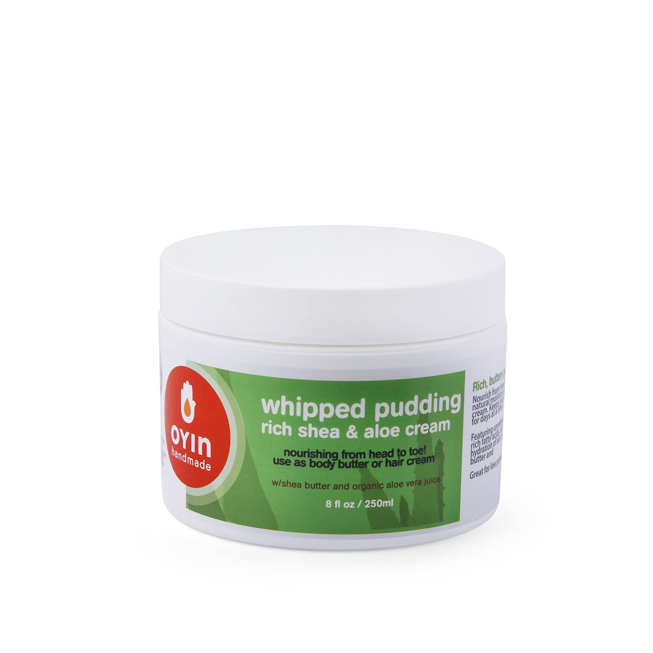 Oyin Handmade Whipped Pudding jar closeup shows creamy texture for rich moisture.