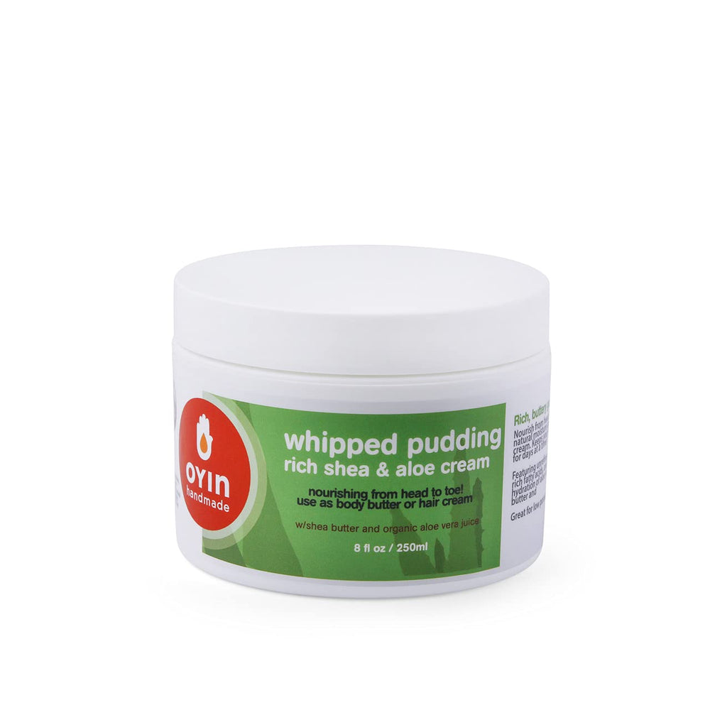 Oyin Handmade Whipped Pudding jar closeup shows creamy texture for rich moisture.