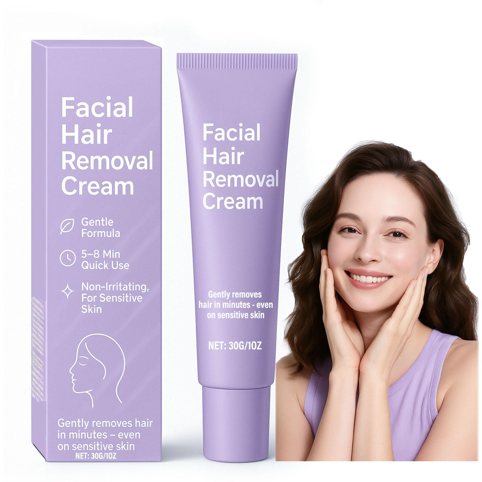 OYKOSE cream tube application shows quick, painless facial hair removal result