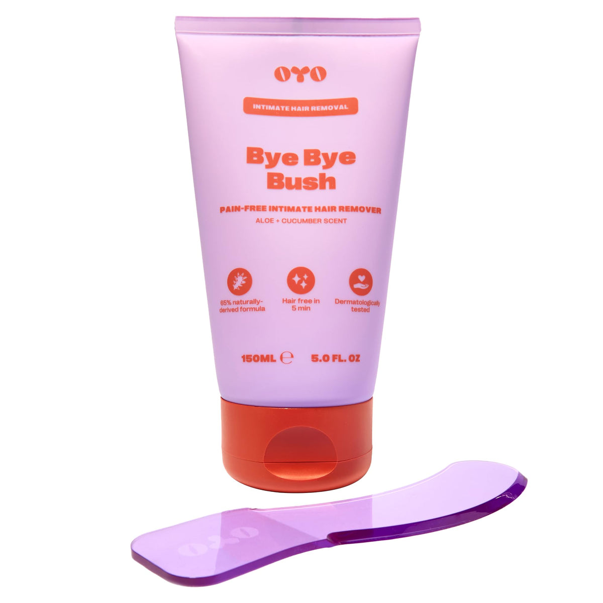 OYO Bye Bye Bush bottle closeup showing the gentle, skin-safe formula for sensitive areas.
