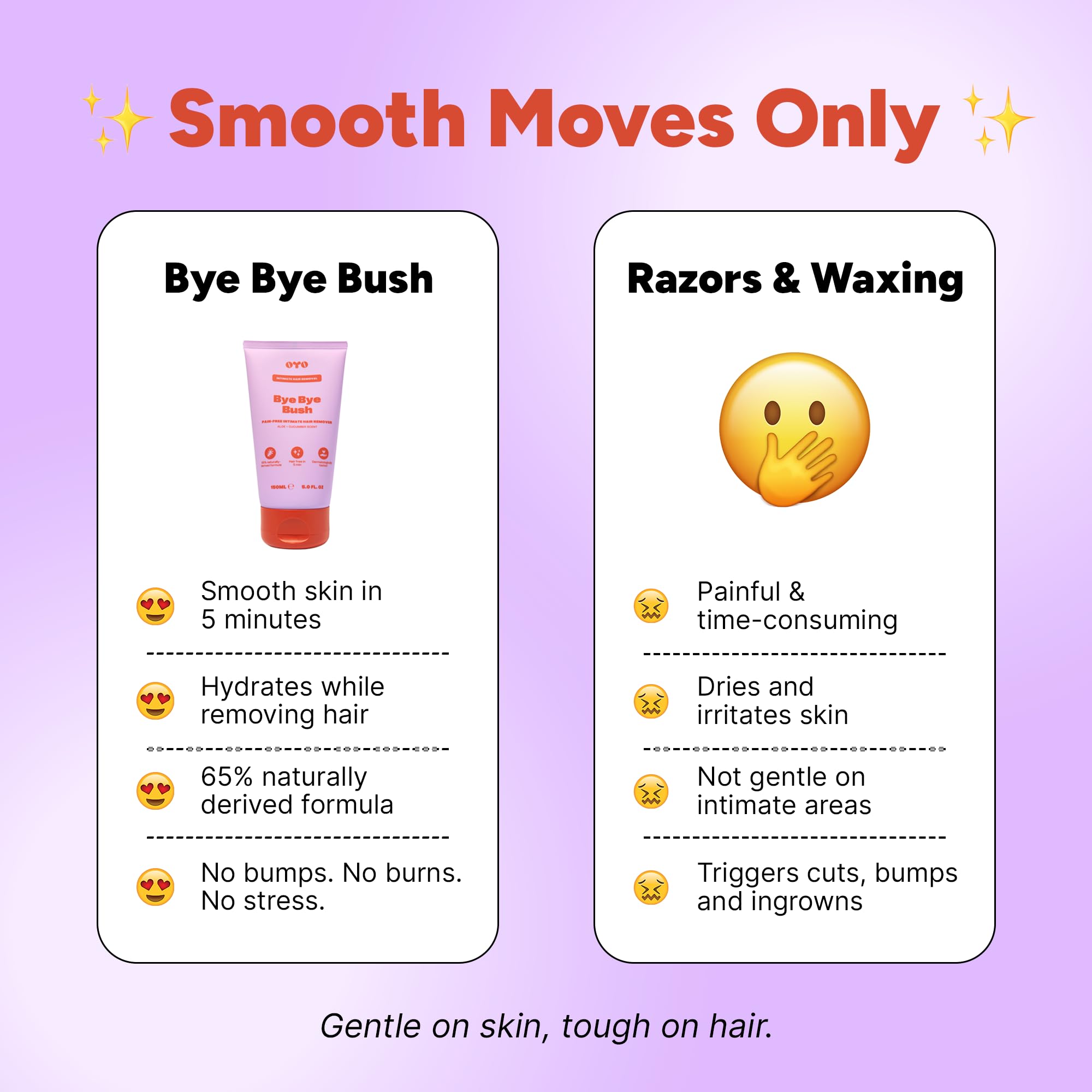 OYO Bye Bye Bush packaging design emphasizing clean, dermatologist-tested formula.