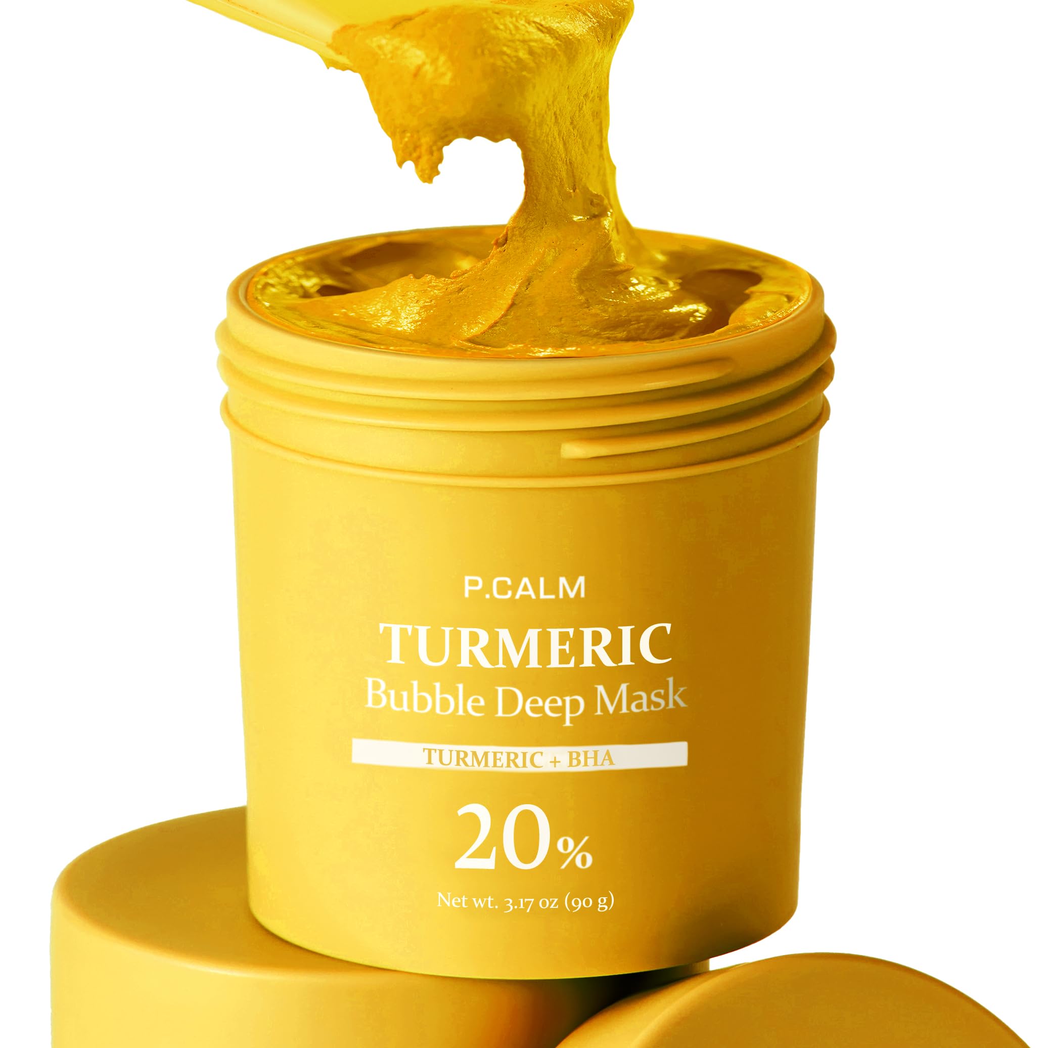 P.CALM Turmeric Bubble Deep Mask jar closeup shows creamy clay transforming into bubbles for a spa-like cleanse.