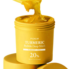 P.CALM Turmeric Bubble Deep Mask jar closeup shows creamy clay transforming into bubbles for a spa-like cleanse.