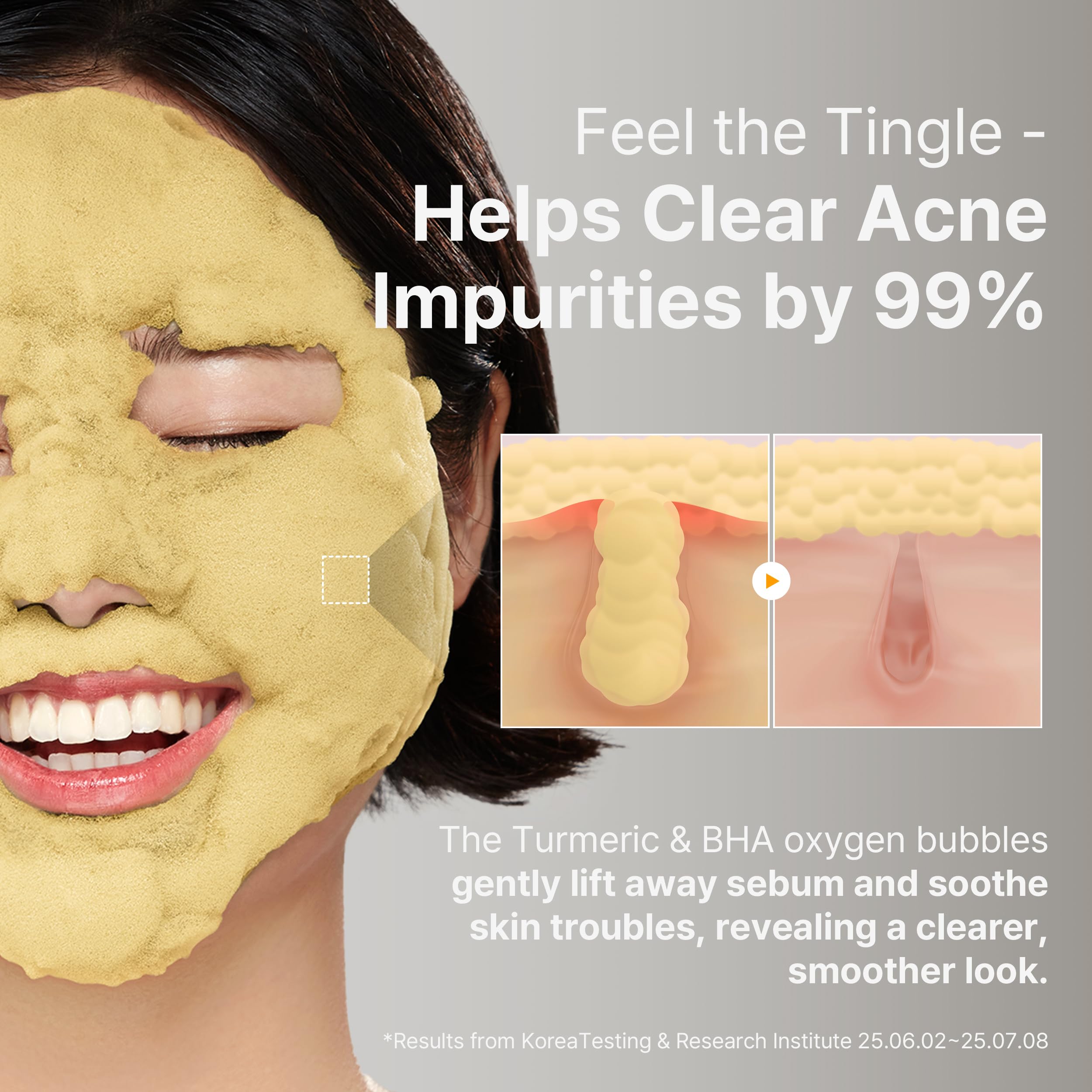 P.CALM Turmeric Bubble Deep Mask redness-relief scene suggests calmer appearance with continued use.