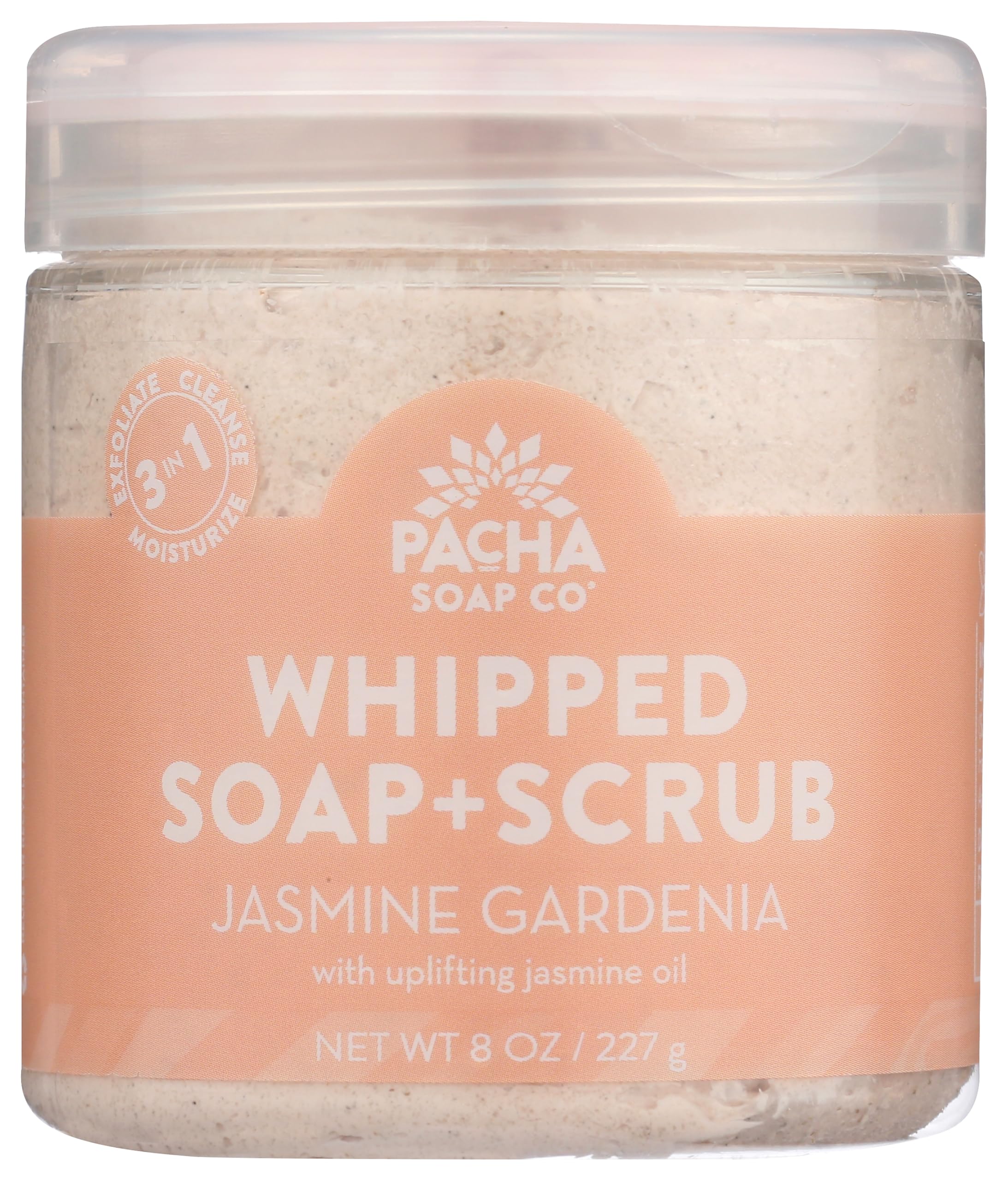 Pacha Soap Co Jasmine Gardenia whipped soap bottle shows creamy lather for daily pampering.