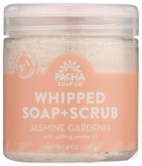 Pacha Soap Co Jasmine Gardenia whipped soap bottle shows creamy lather for daily pampering.