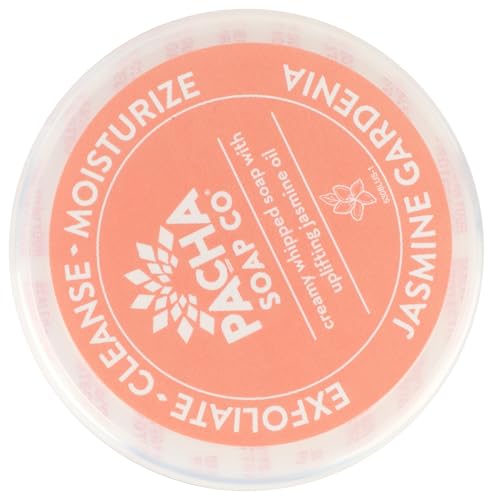 Pacha Soap Co Jasmine Gardenia whipped soap packaging view highlights eco-conscious design.