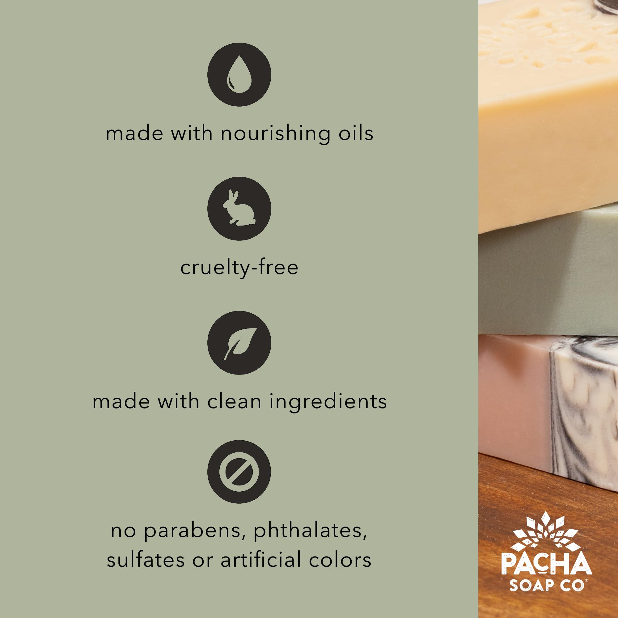 Pacha Soap Co. Made in USA label emphasizes quality and local craftsmanship.