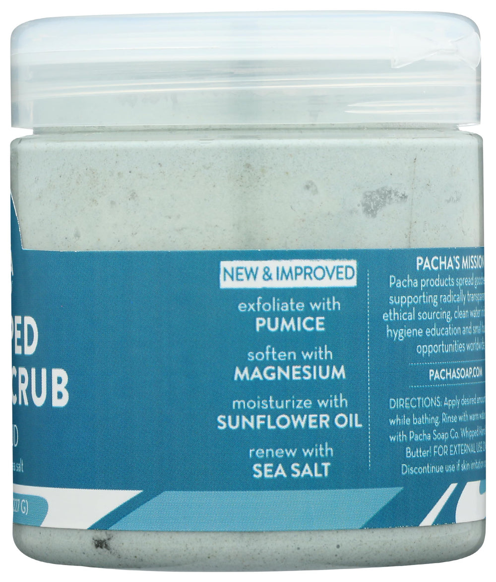 Pacha Soap Co Sea Mud Whipped Soap Scrub bathroom scene with towels.