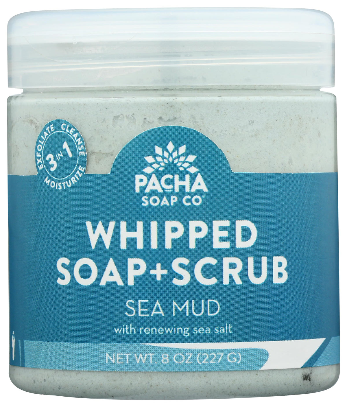 Pacha Soap Co Sea Mud Whipped Soap Scrub bottle ready for exfoliation.