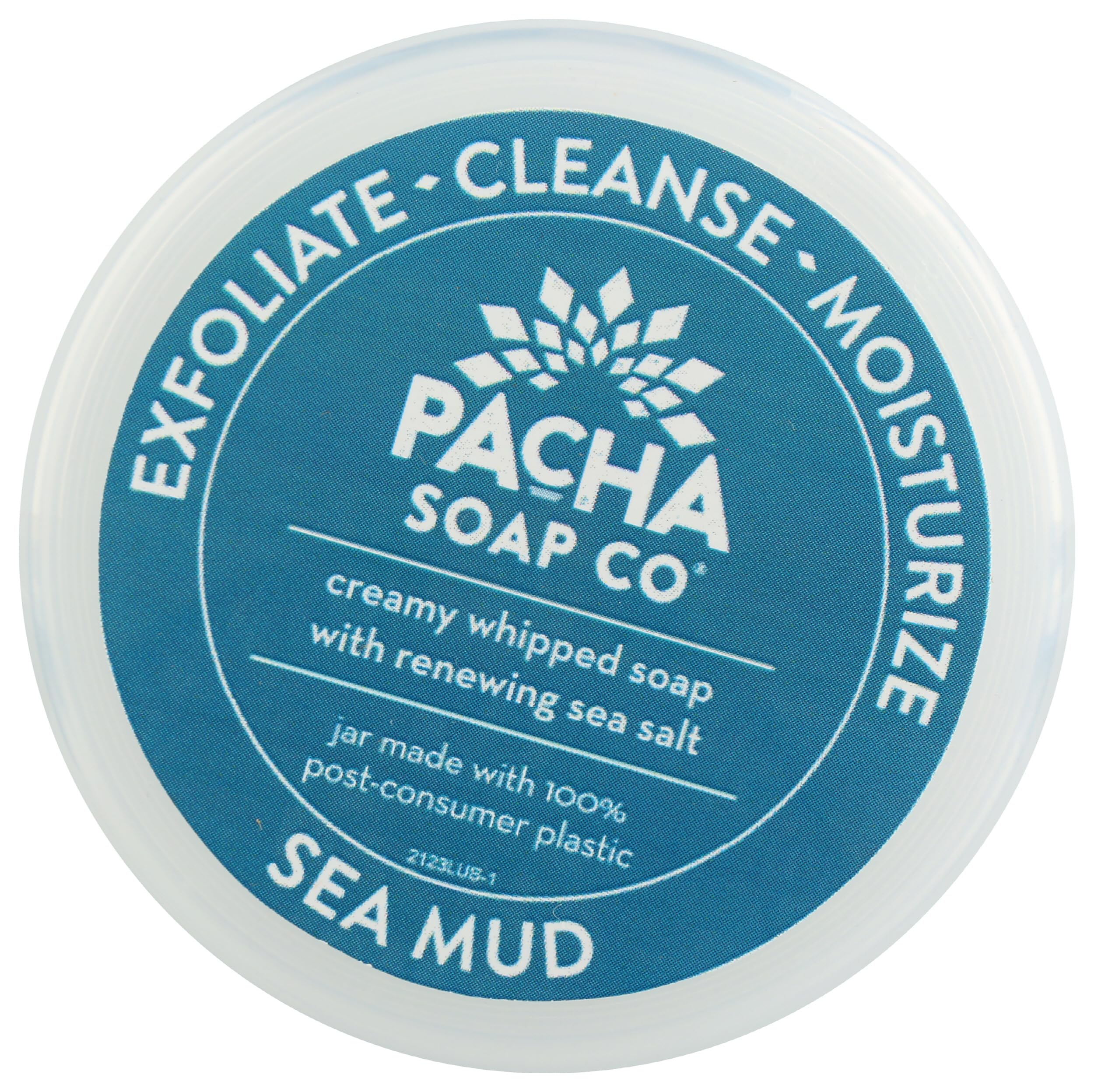 Pacha Soap Co Sea Mud Whipped Soap Scrub jar being applied on arm.