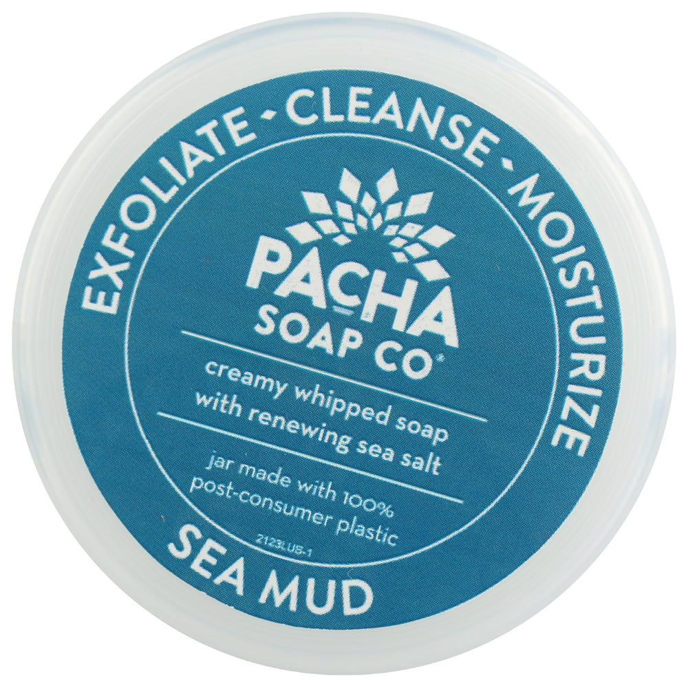 Pacha Soap Co Sea Mud Whipped Soap Scrub jar being applied on arm.