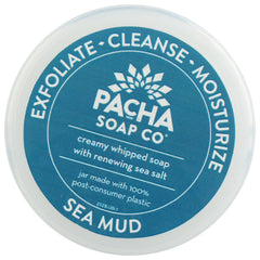 Pacha Soap Co Sea Mud Whipped Soap Scrub jar being applied on arm.