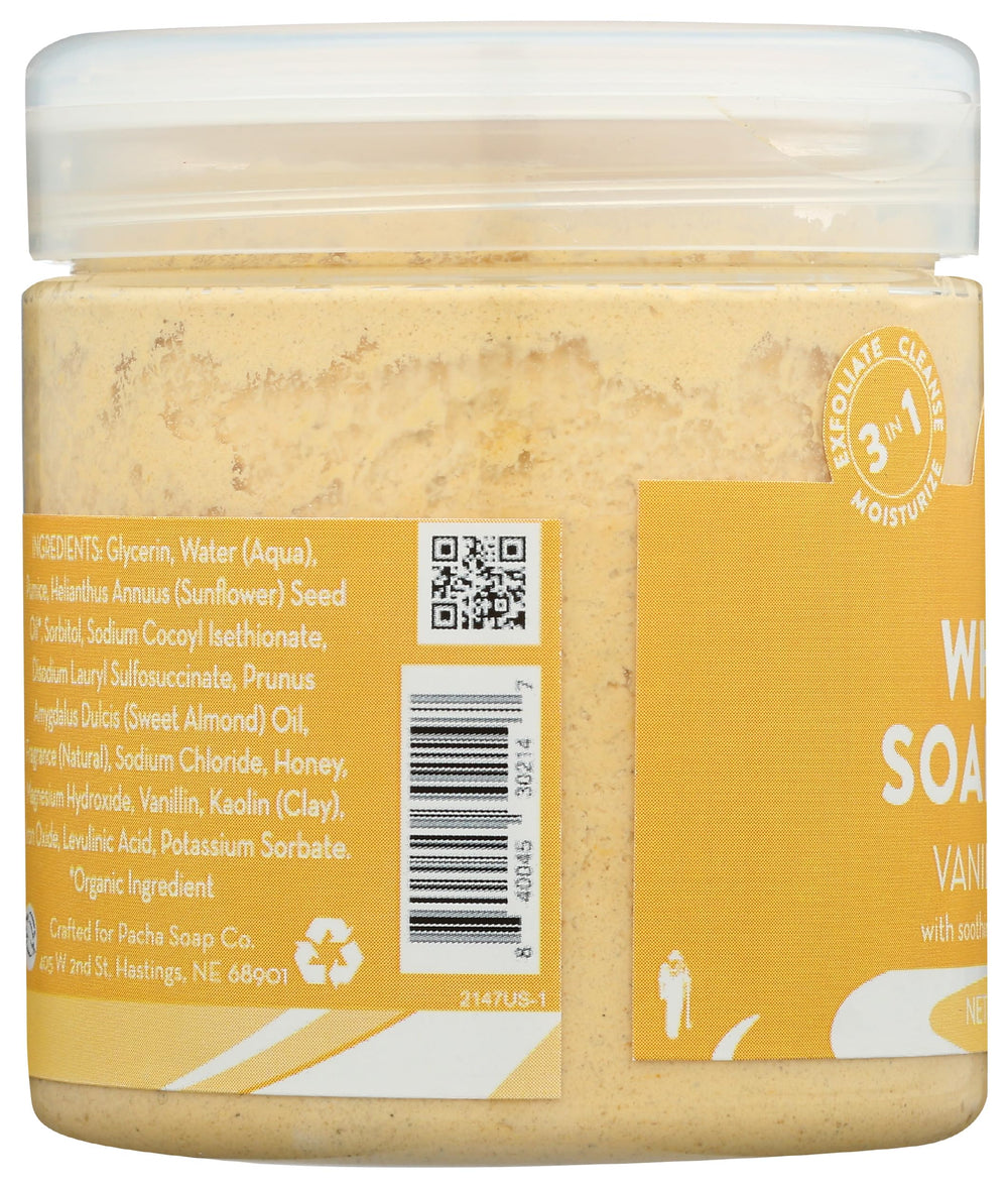 Pacha Soap Co Vanilla Almond Whipped Soap Scrub in bathroom scene, daily self-care ritual