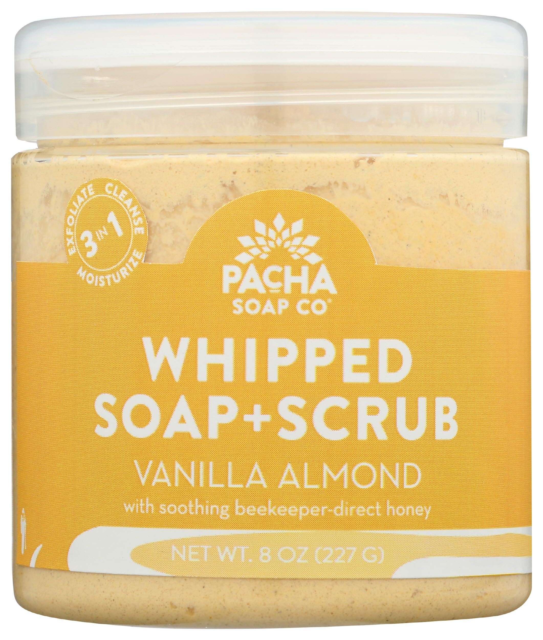 Pacha Soap Co Vanilla Almond Whipped Soap Scrub jar front, creamy hydration and exfoliation