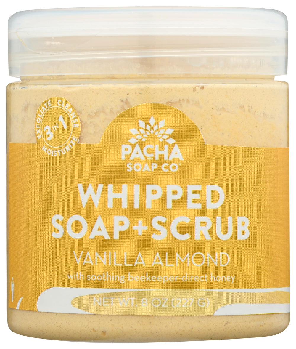 Pacha Soap Co Vanilla Almond Whipped Soap Scrub jar front, creamy hydration and exfoliation
