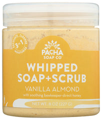 Pacha Soap Co Vanilla Almond Whipped Soap Scrub jar front, creamy hydration and exfoliation