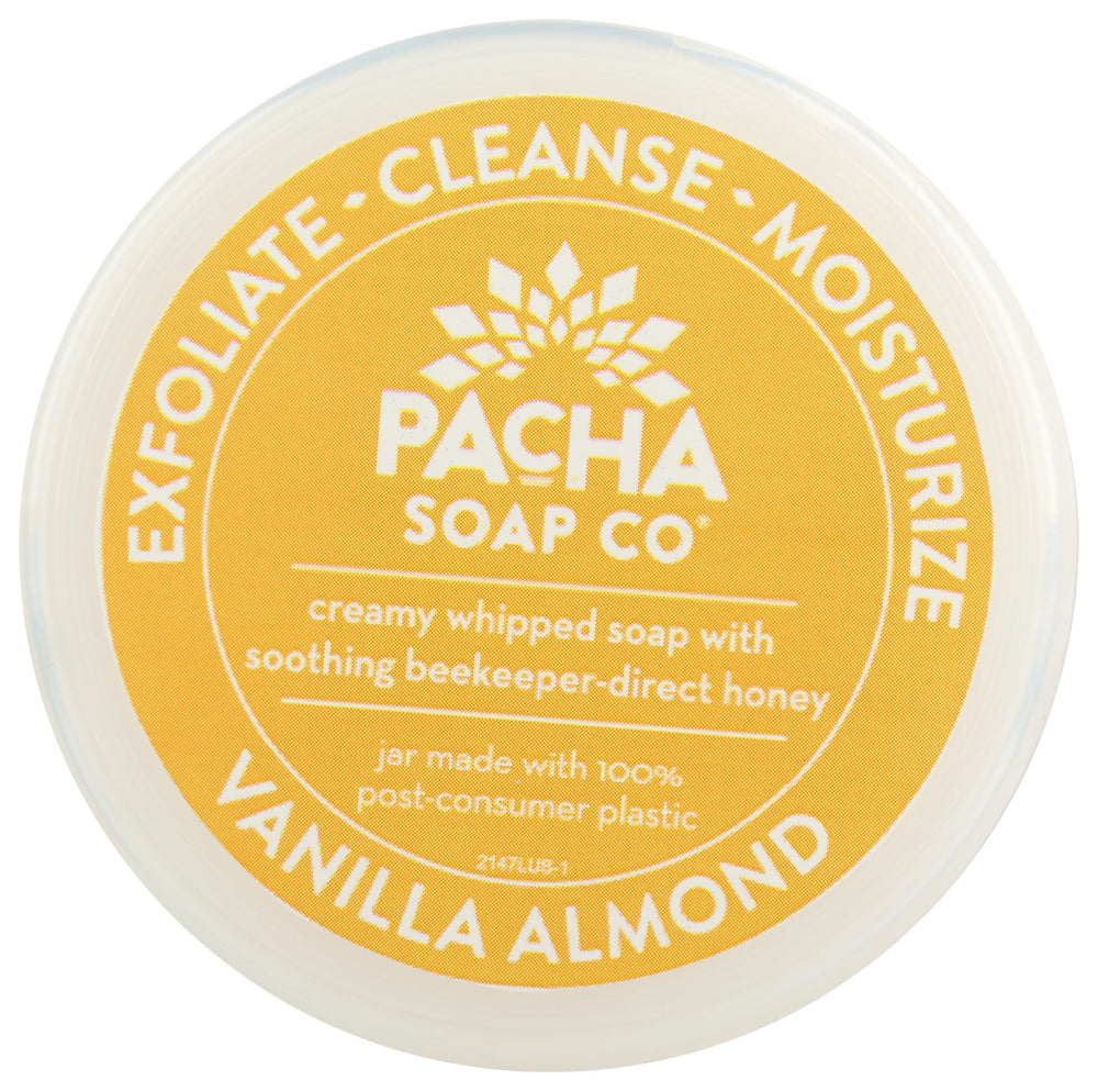 Pacha Soap Co Vanilla Almond Whipped Soap Scrub label, cruelty-free beauty ethics